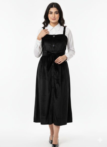 "Stylish Black Pinafore Dress with Crisp White Shirt | Pakistani Model Edition 🌟